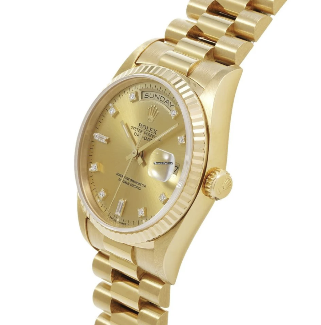 Rolex Day-Date Yellow Gold Diamond Gold Dial 36mm 1990