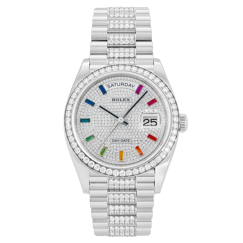 Rolex Day-Date White Gold Silver Diamond Dial Rainbow Diamond Bezel/Bracelet 36mm 2024
