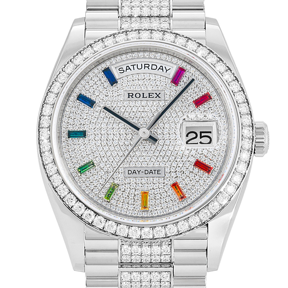 Rolex Day-Date White Gold Silver Diamond Dial Rainbow Diamond Bezel/Bracelet 36mm 2024