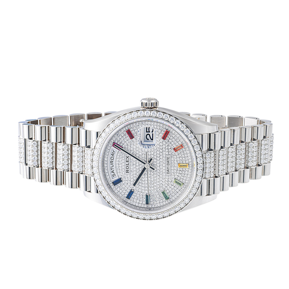Rolex Day-Date White Gold Silver Diamond Dial Rainbow Diamond Bezel/Bracelet 36mm 2024