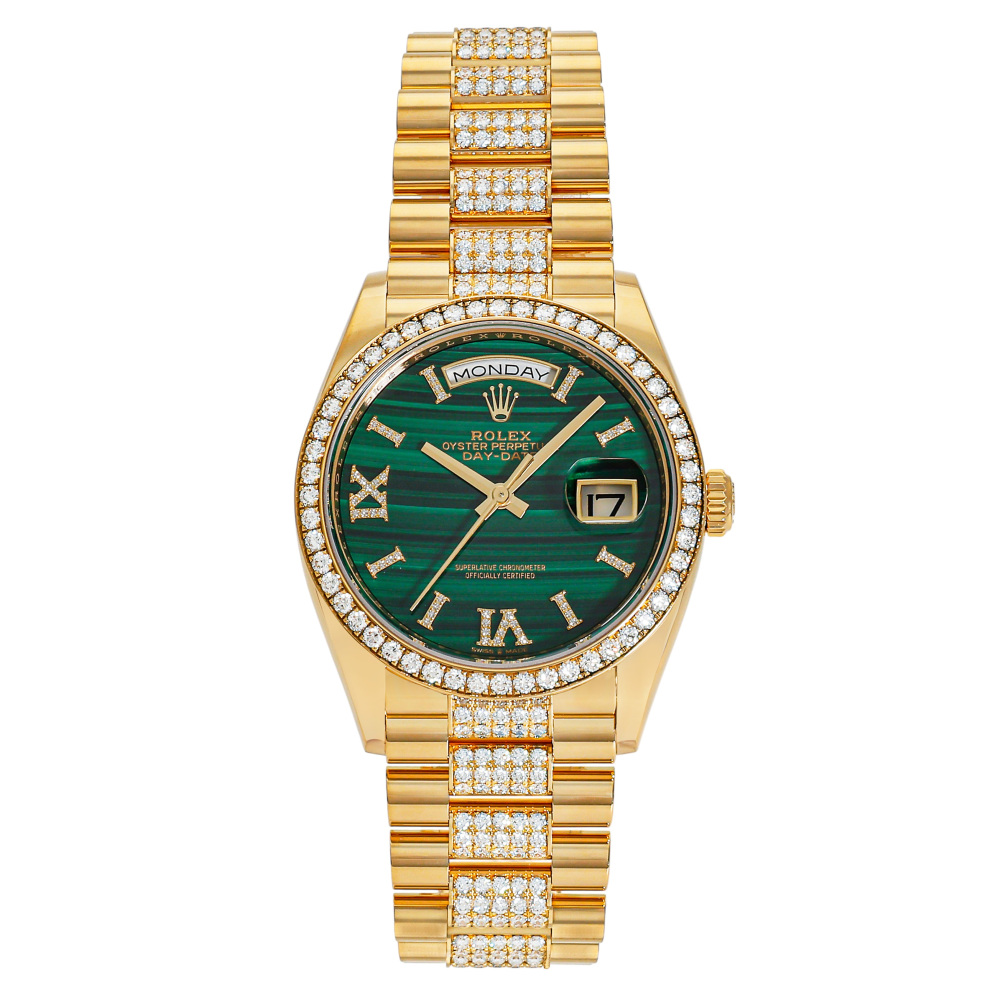Rolex Day-Date Yellow Gold Green Rome Dial Diamond Bezel 36mm 2024
