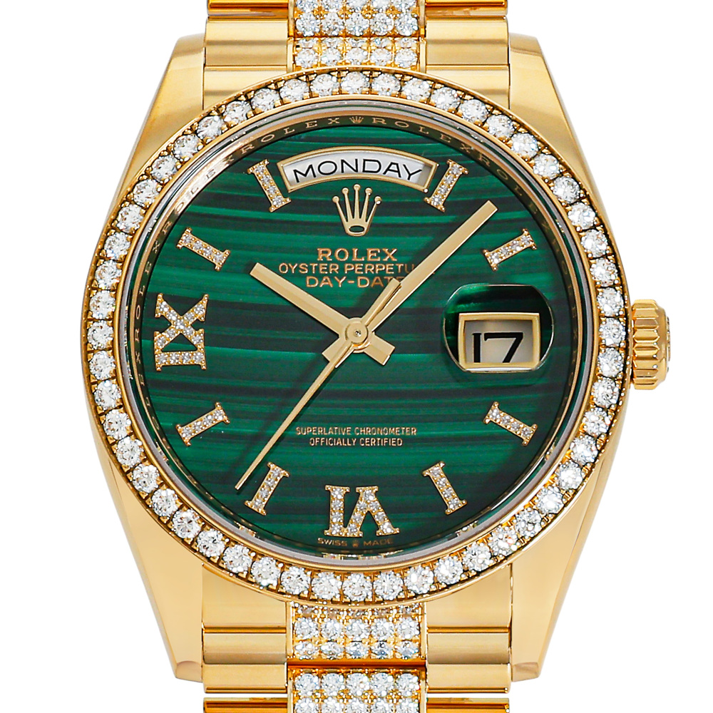 Rolex Day-Date Yellow Gold Green Rome Dial Diamond Bezel 36mm 2024