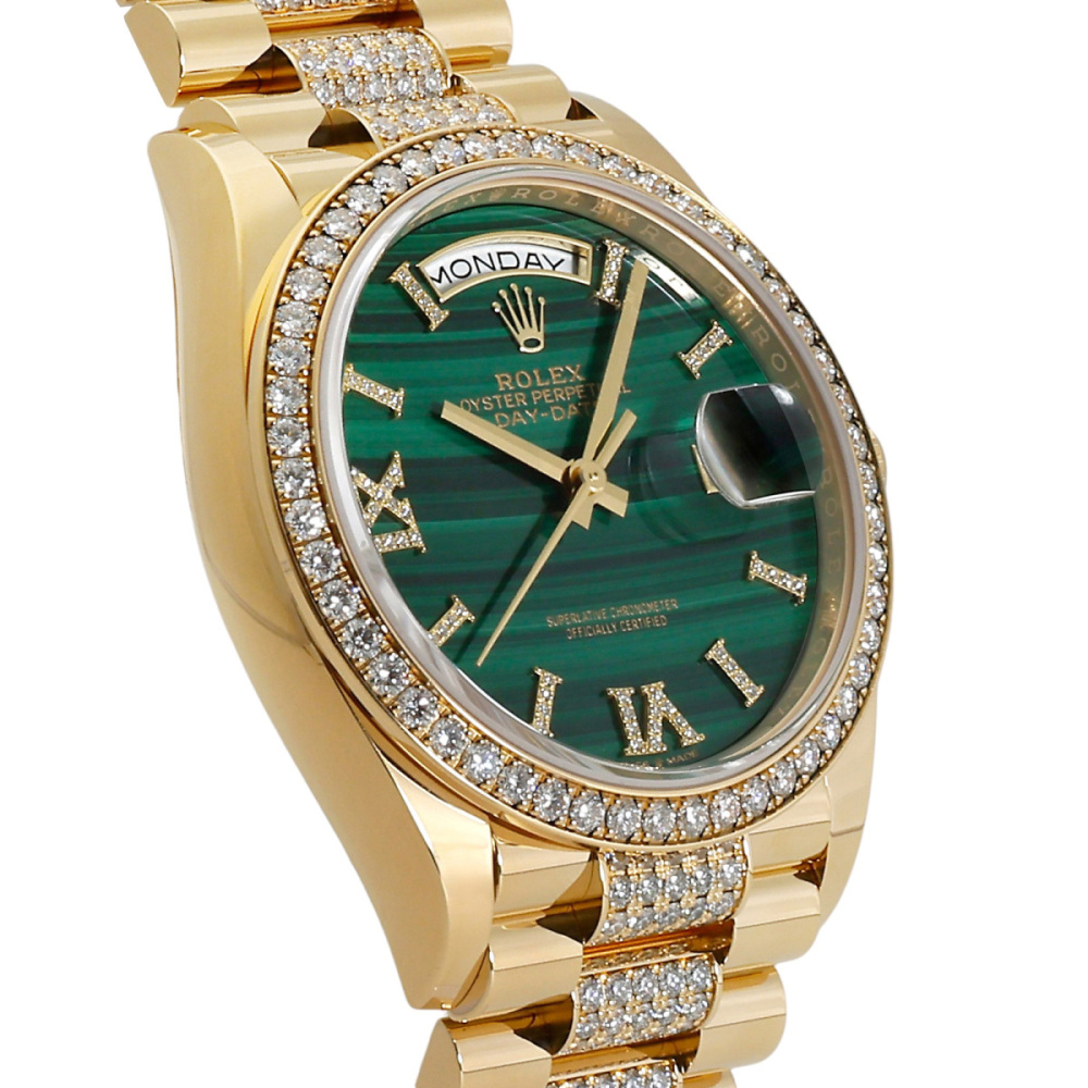 Rolex Day-Date Yellow Gold Green Rome Dial Diamond Bezel 36mm 2024