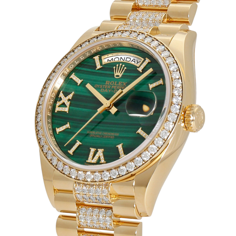 Rolex Day-Date Yellow Gold Green Rome Dial Diamond Bezel 36mm 2024