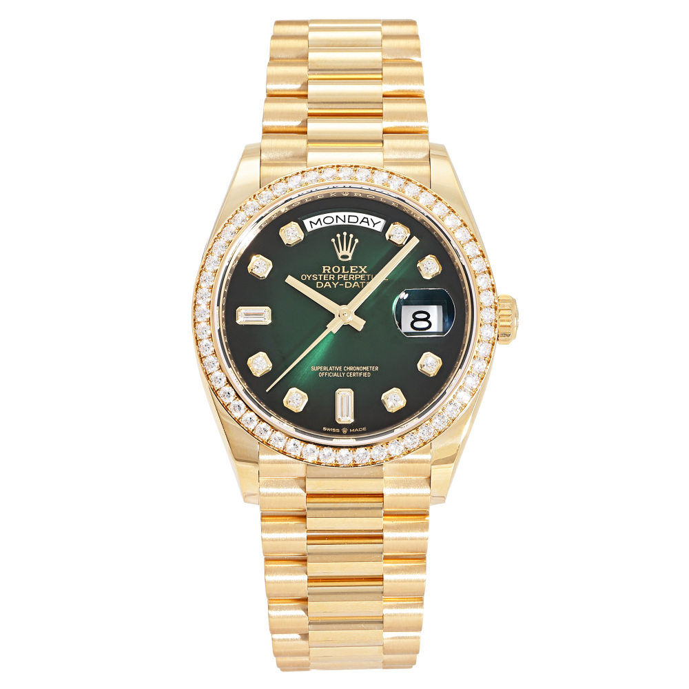 Rolex Day-Date Yellow Gold Green Diamond Dial Diamond Bezel 36mm 2023