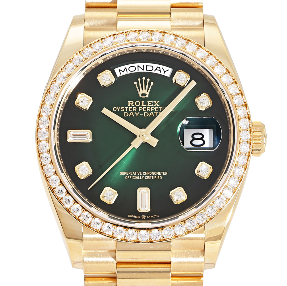 Rolex Day-Date Yellow Gold Green Diamond Dial Diamond Bezel 36mm 2023