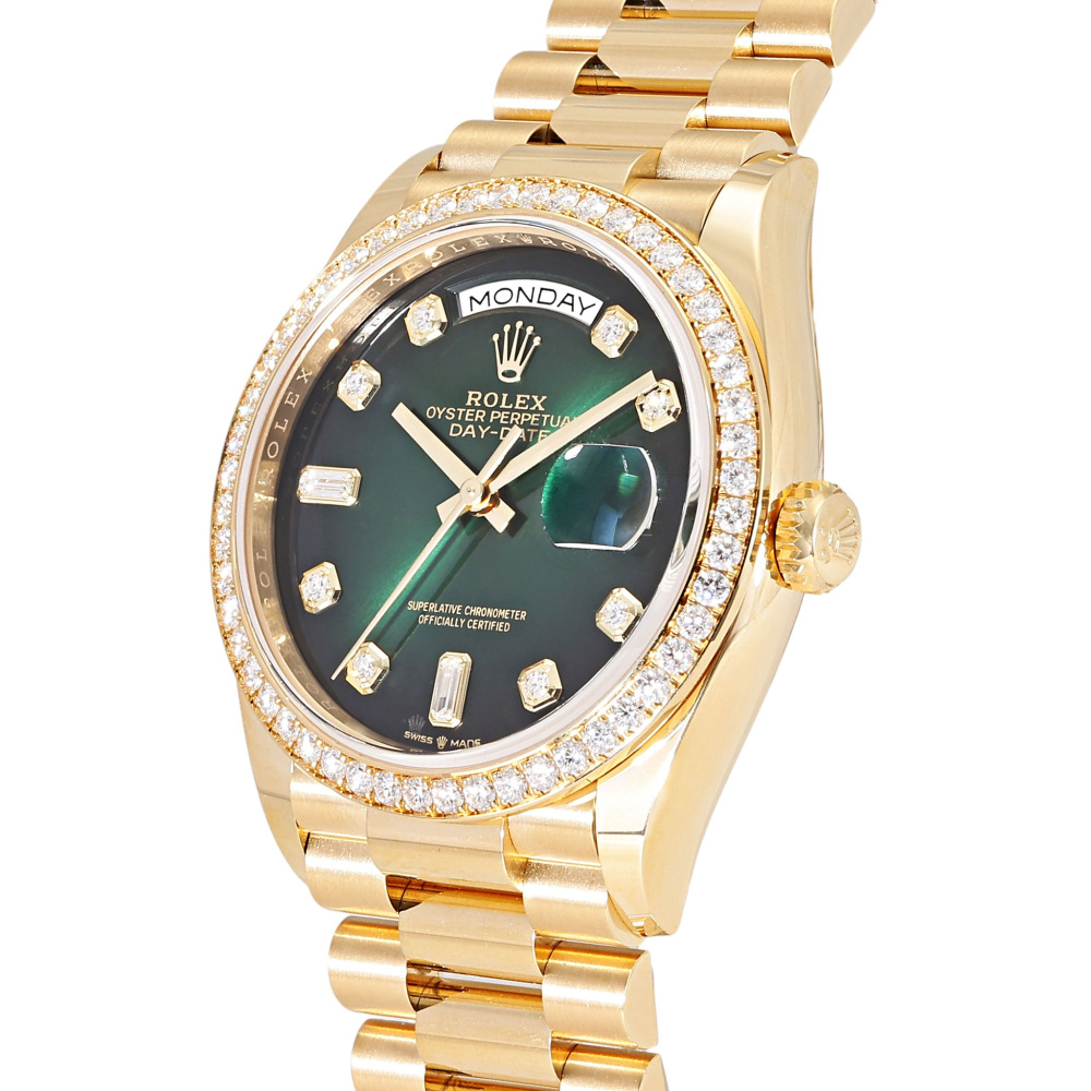 Rolex Day-Date Yellow Gold Green Diamond Dial Diamond Bezel 36mm 2023