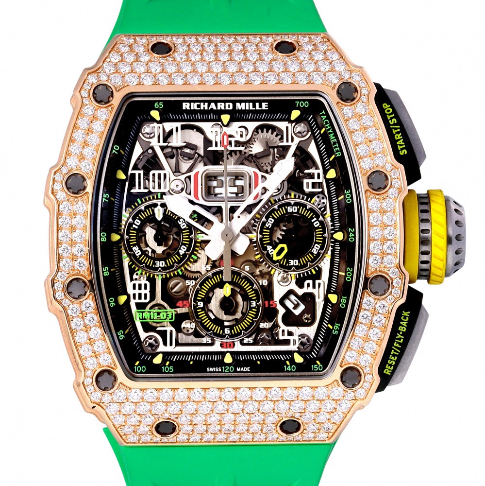 RM11-03 Rose Gold Skeletonized Dial Flyback Chronograph Full Factory Diamond Case 45mm